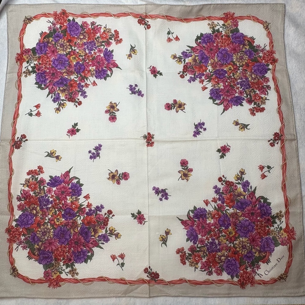 Vtg CHRISTIAN DIOR Scarf Handkerchief Floral Bouquet Jacquard  Cream 20.5"